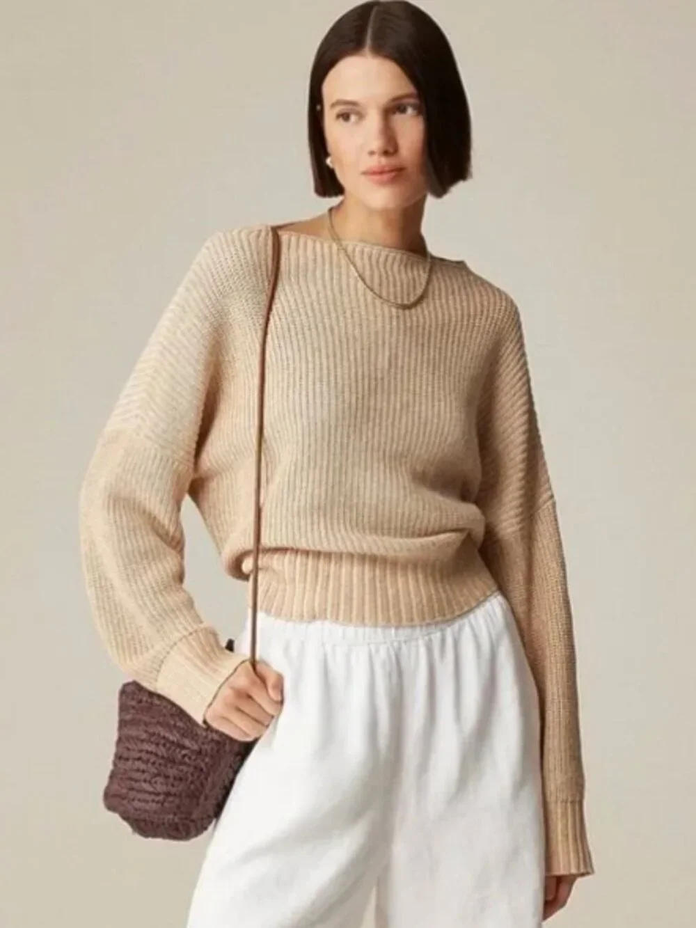 J. Crew Ribbed Slouchy Linen Sweater Medium Blue Fisherman Preppy New England